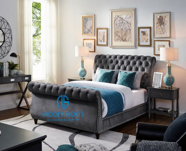 Demi Swan Studded Luxury Chesterfield Sleigh Bed Frame